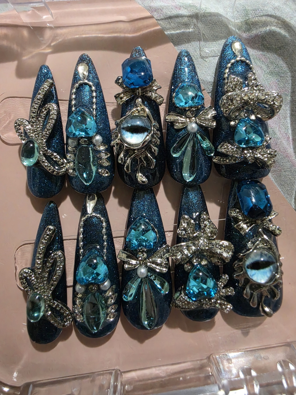 Teal Blue Crystal Embellished Press-On Nails
